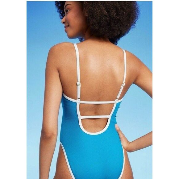 Shade & Shore Contrast Binding Scoop One Piece Swimsuit Womens XL Blue - Picture 3 of 4